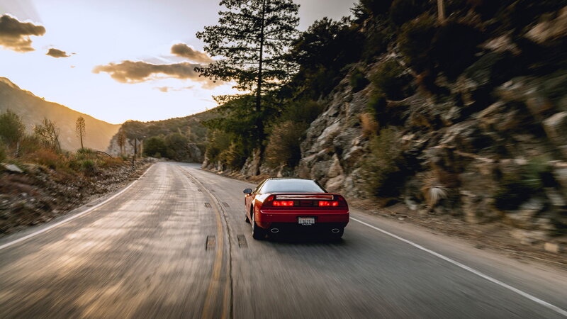 Red Sports Car on Road — Dynamic, Sunset, Photograph, Mountain