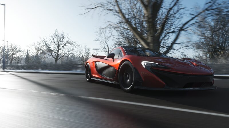 Red Sports Car on Road — Dynamic, Winter, 3d Render, Trees