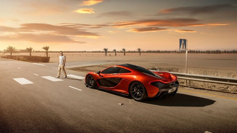 Red Sports Car on Road — Orange, Dramatic, Sunset, Photograph, Man