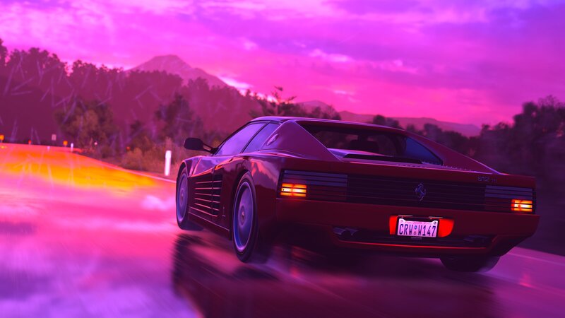 Red Sports Car on Road — Purple, Dramatic, Sunset