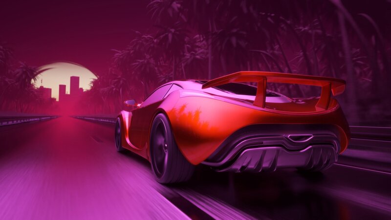 Red Sports Car on Road — Purple, Futuristic