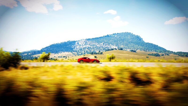 Red Sports Car on Road — Serene, Afternoon, 3d Render, Mountain