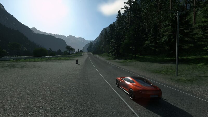 Red Sports Car on Road — Serene, Afternoon, 3d Render, Mountains, Forest
