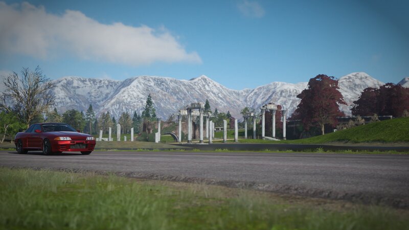 Red Sports Car on Road — Serene, Afternoon, 3d Render, Mountains, Ruins