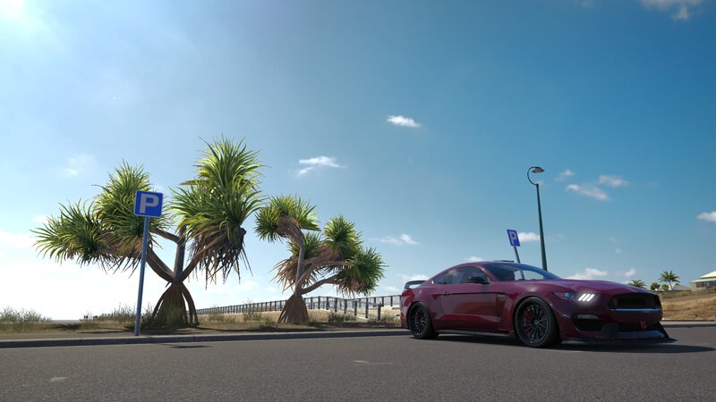 Red Sports Car on Road — Serene, Afternoon, 3d Render, Palm Trees