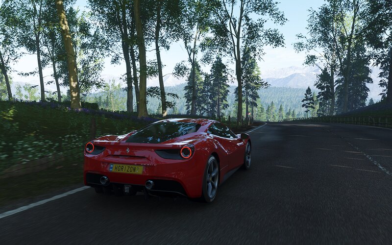 Red Sports Car on Road — Serene, Afternoon, 3d Render, Trees, Mountains
