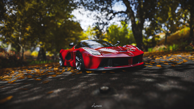Red Sports Car on Road — Serene, Autumn, 3d Render, Leaves