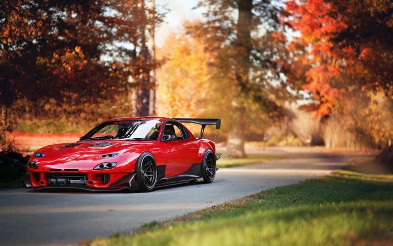 Red Sports Car on Road — Serene, Autumn, Photograph