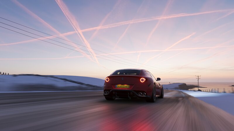 Red Sports Car on Road — Serene, Sunset, 3d Render, Snowy Landscape