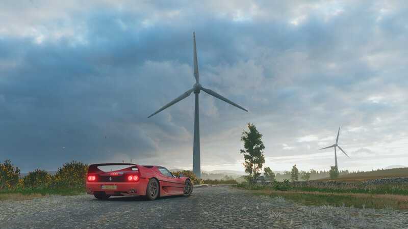 Red Sports Car on Road — Serene, Sunset, 3d Render, Wind Turbine