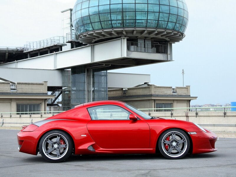 Red sports car on rooftop