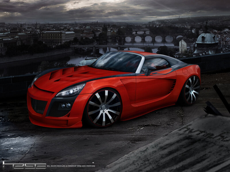 Red sports car on rooftop