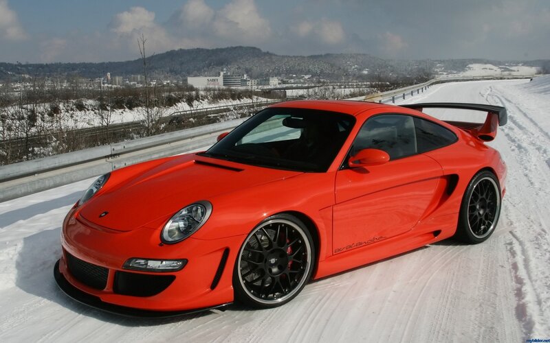 Red Sports Car on Snow — Dramatic, Winter