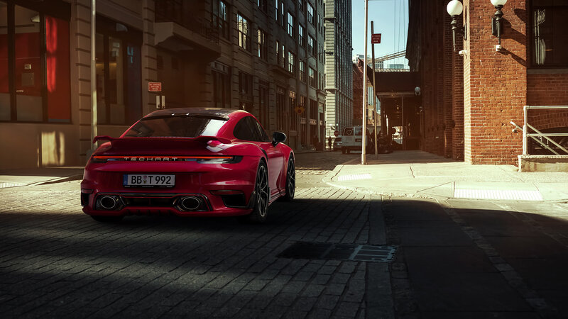 Red Sports Car on Street — Dramatic, Afternoon, 3d Render, Brick Buildings