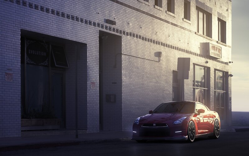 Red Sports Car on Street — Dramatic, Sunset