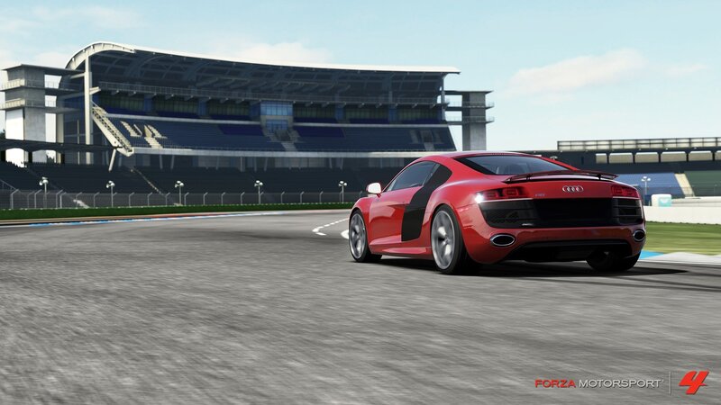 Red Sports Car on Track — Calm, Afternoon, 3d Render, Race Track, Grandstand, Stadium