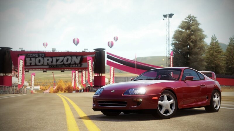 Red Sports Car on Track — Competitive, Afternoon, 3d Render, Race Track, Hot Air Balloons