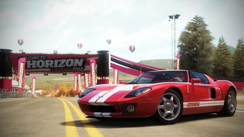 Red Sports Car on Track — Competitive, Afternoon, 3d Render, Race Track, Hot Air Balloons, Trees