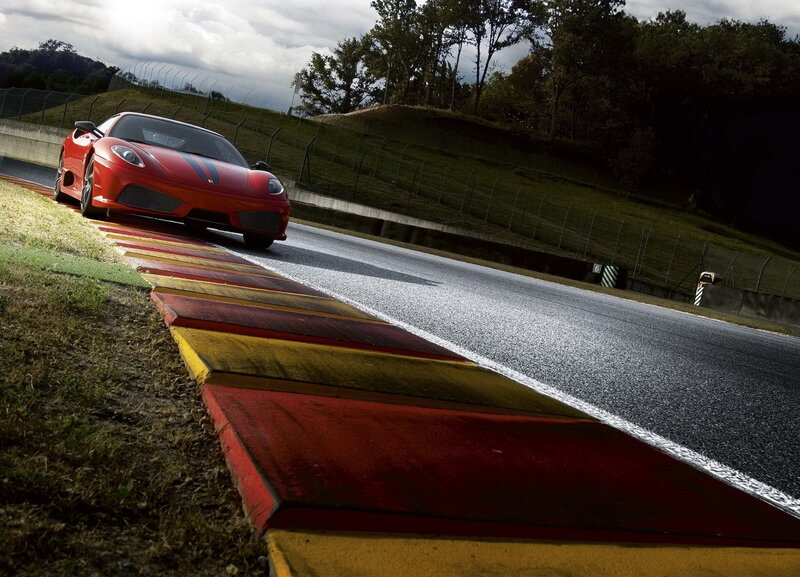 Red Sports Car on Track — Dramatic, Afternoon, Photograph, Race Track, Grass