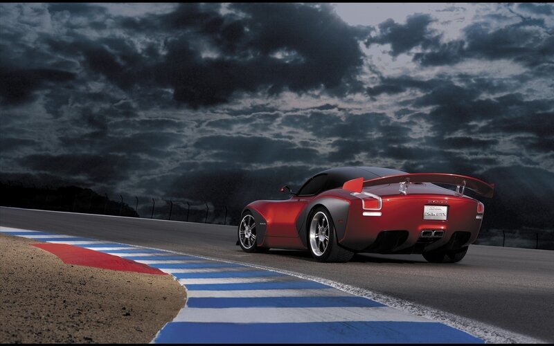 Red Sports Car on Track — Dramatic, Night, 3d Render, Race Track, Cloudy Sky