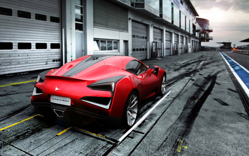 Red Sports Car on Track — Dramatic, Sunset, 3d Render, Race Track, Garage