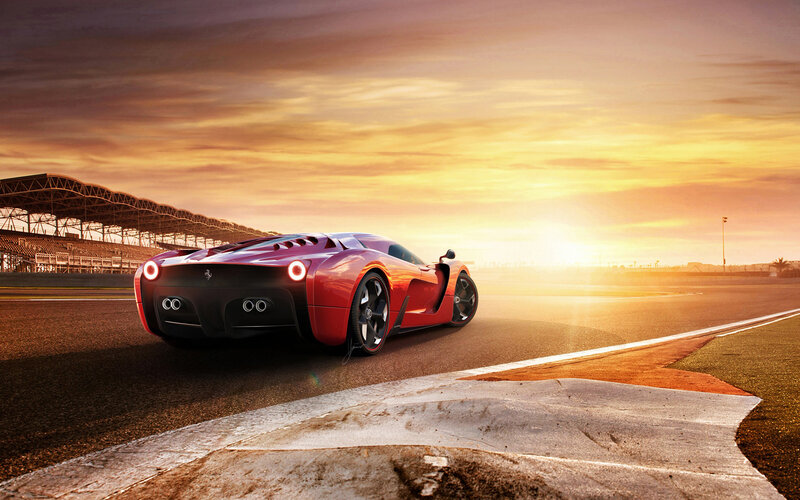 Red Sports Car on Track — Dramatic, Sunset, 3d Render, Race Track