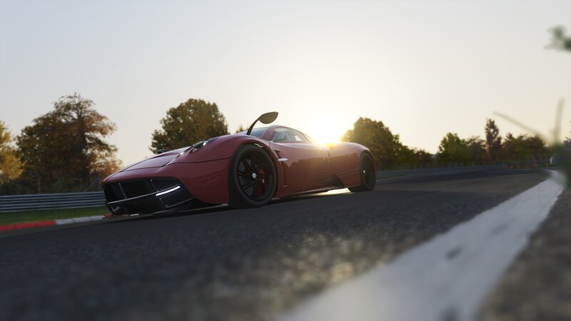 Red Sports Car on Track — Dramatic, Sunset, 3d Render, Race Track, Trees