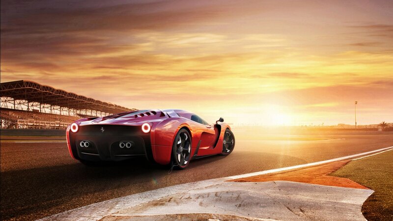 Red Sports Car on Track — Dramatic, Sunset, 3d Render