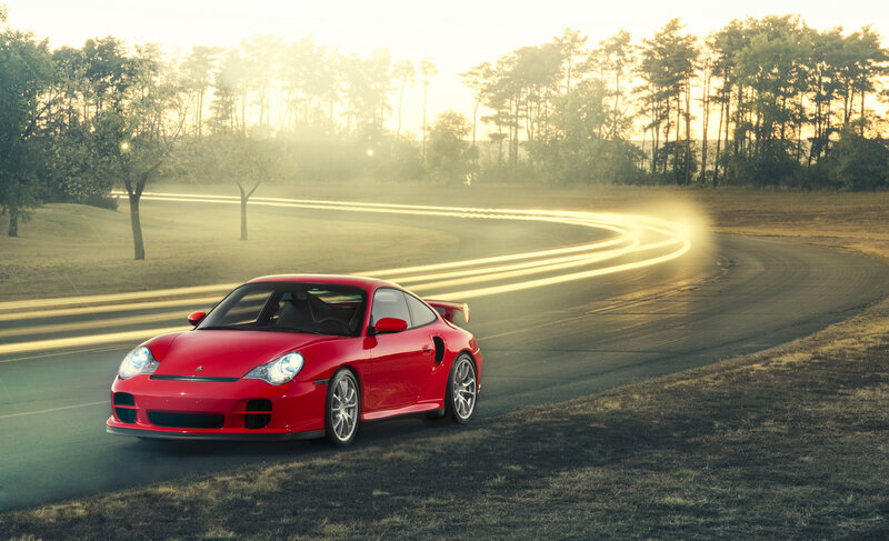 Red Sports Car on Track — Dramatic, Sunset, Photograph