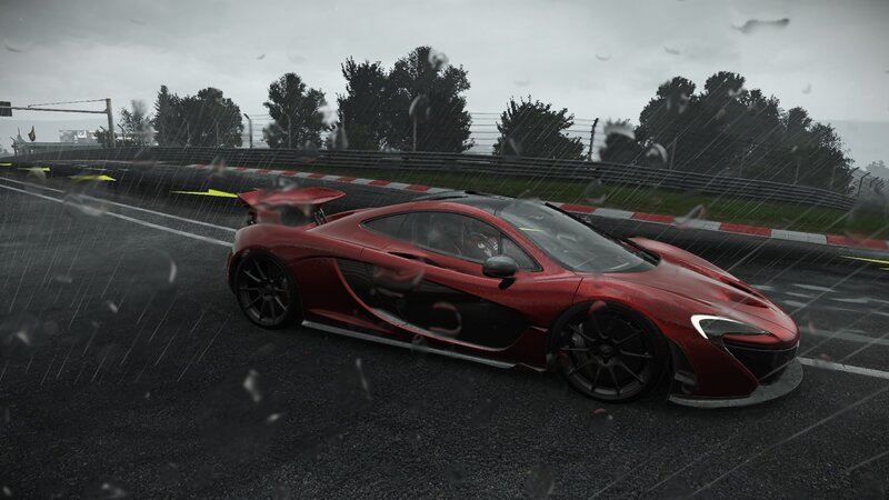 Red Sports Car on Track — Driving, Rainy