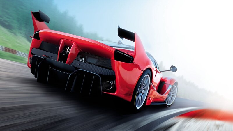 Red Sports Car on Track — Dynamic, 3d Render, Race Track, Trees
