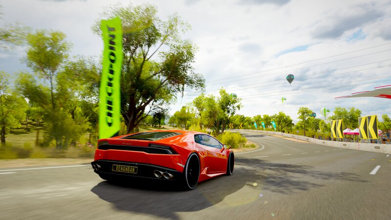 Red Sports Car on Track — Dynamic, Afternoon, 3d Render, Hot Air Balloons