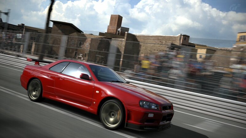 Red Sports Car on Track — Dynamic, Afternoon, 3d Render, Race Track, Buildings