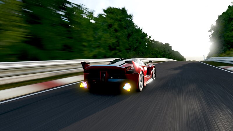 Red Sports Car on Track — Dynamic, Afternoon, 3d Render, Race Track, Trees, Guardrail