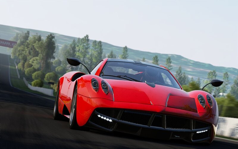 Red Sports Car on Track — Dynamic, Afternoon, 3d Render, Race Track, Trees, Hills