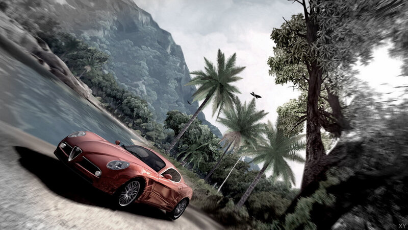 Red sports car on tropical road