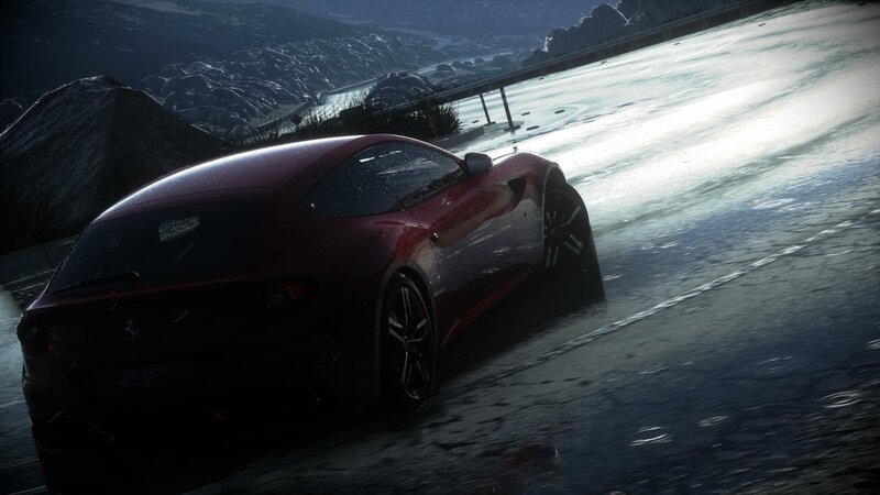 Red Sports Car on Wet Road — Dramatic, Night