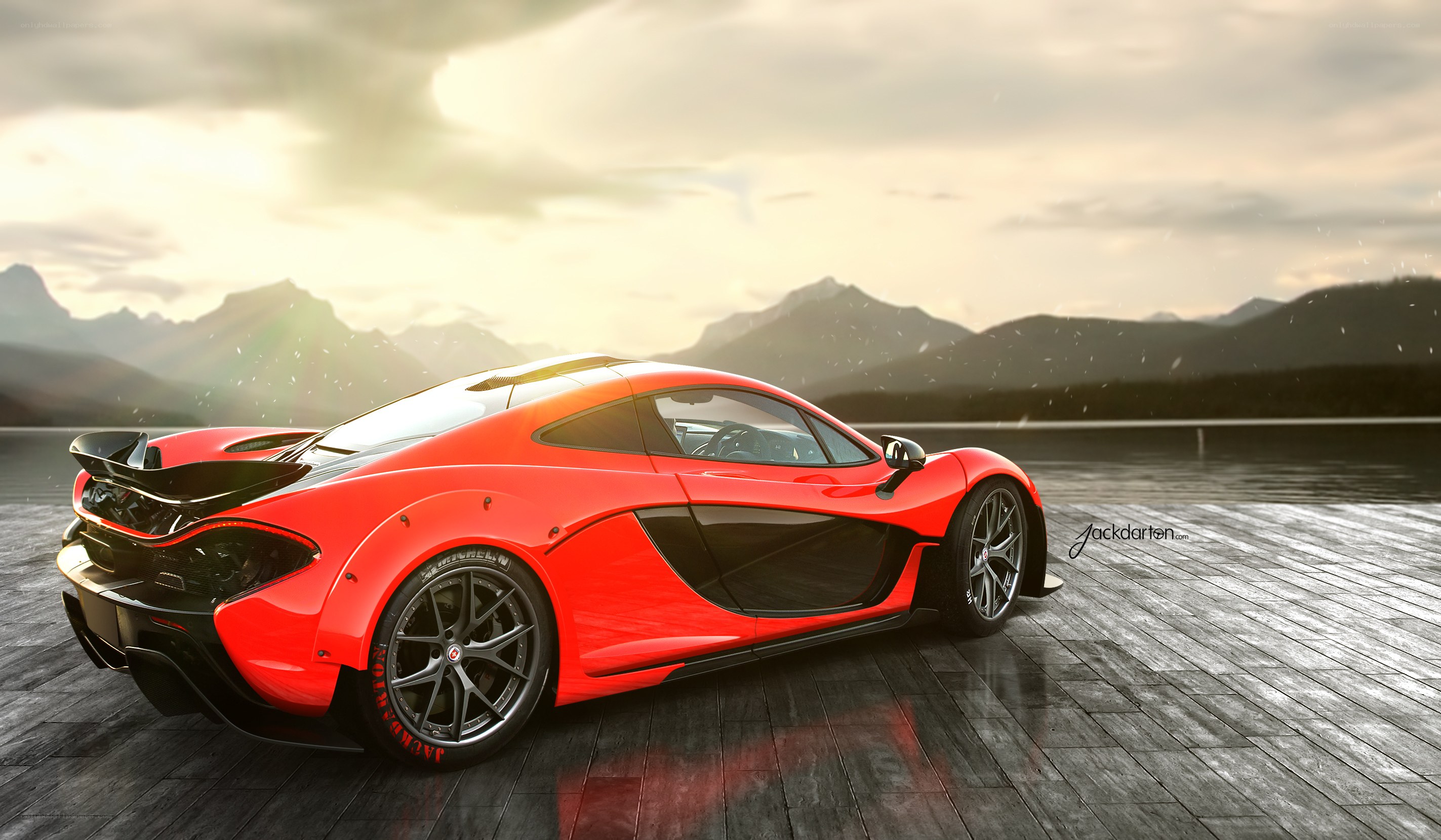 Red sports car on wooden deck