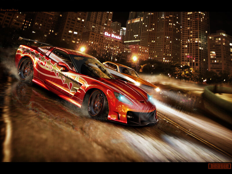 Red Sports Car Racing — Dramatic, Night, Digital Art, City