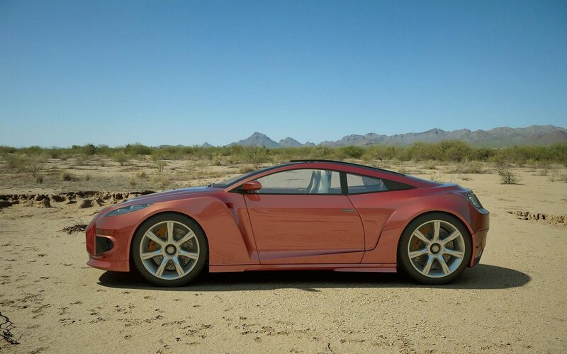 Red Sports Car — Serene, Afternoon, 3d Render, Desert, Mountains, Sky