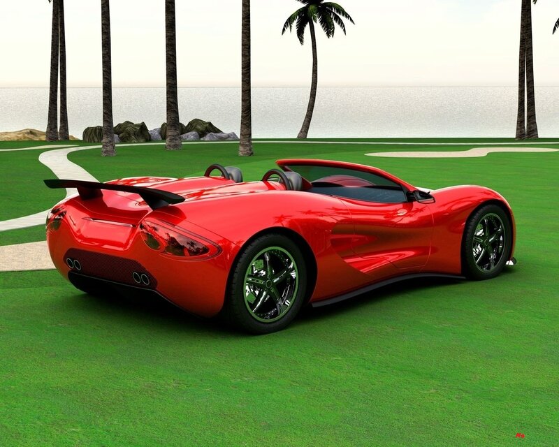 Red Sports Car — Serene, Afternoon, 3d Render, Palm Trees