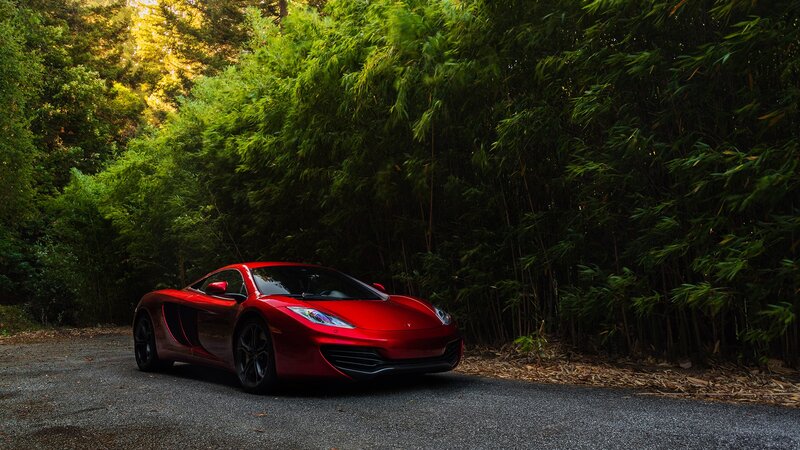 Red Sports Car — Serene, Afternoon, Photograph, Forest