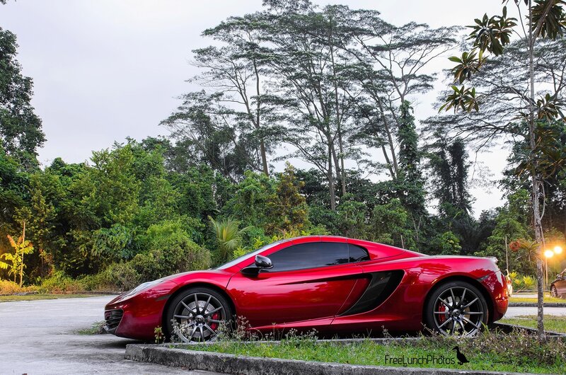 Red Sports Car — Serene, Afternoon, Photograph, Trees, Parking Lot, Grass