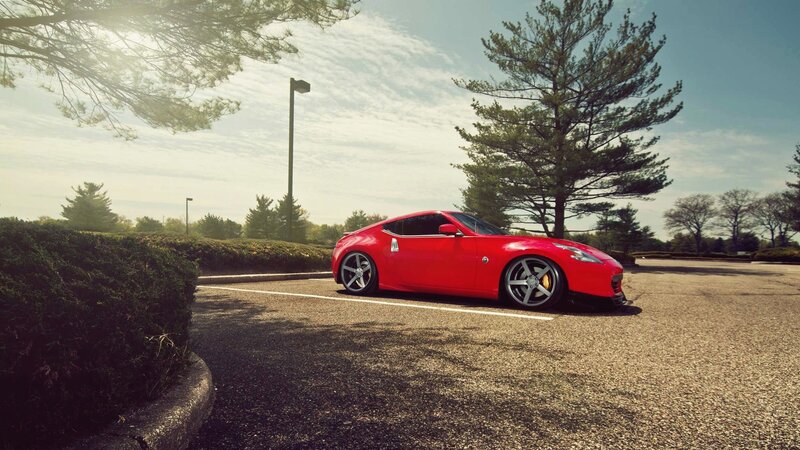 Red Sports Car — Serene, Afternoon, Photograph, Trees, Parking Lot, Street Light