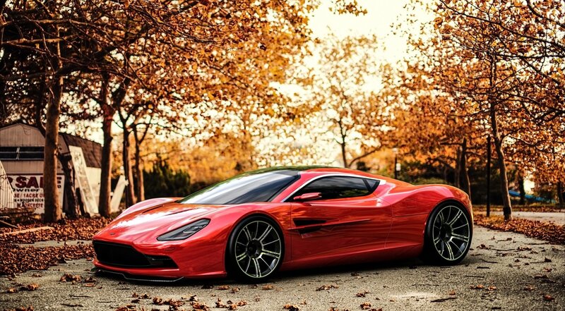 Red Sports Car — Serene, Autumn, Photograph, Trees
