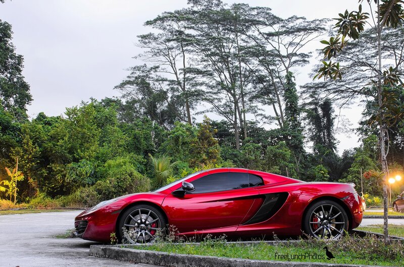 Red Sports Car — Serene, Morning, Photograph, Trees, Road