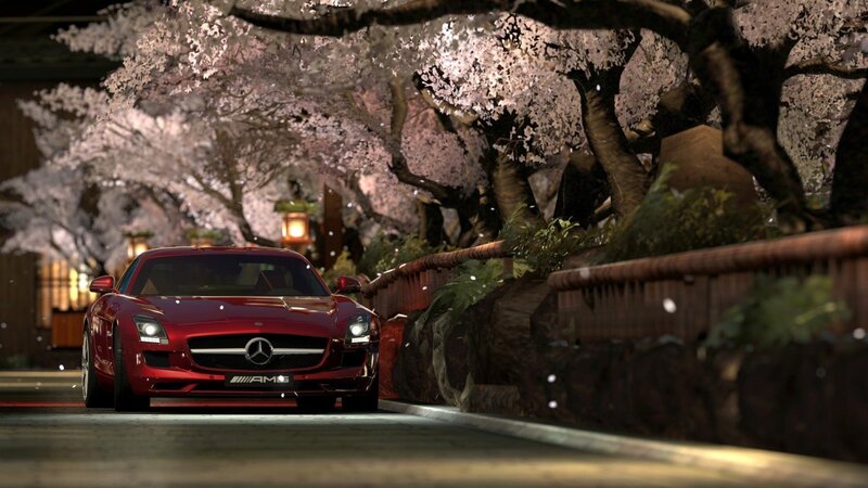 Red Sports Car — Serene, Night, 3d Render, Cherry Blossoms, Lanterns, Road, Black