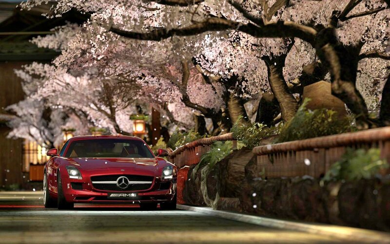 Red Sports Car — Serene, Night, 3d Render, Cherry Blossoms, Lanterns