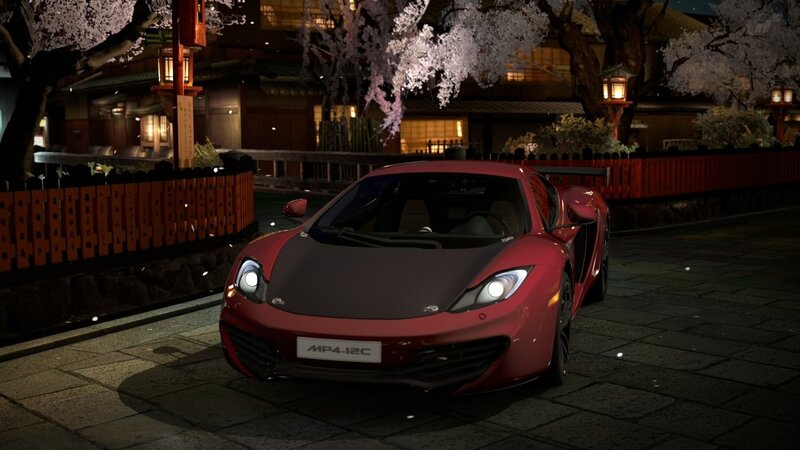 Red Sports Car — Serene, Night, 3d Render, Cherry Blossoms, Lanterns, Traditional Building, Black