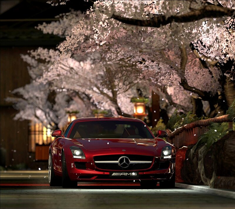 Red Sports Car — Serene, Night, 3d Render, Cherry Blossoms, Lanterns, Tree